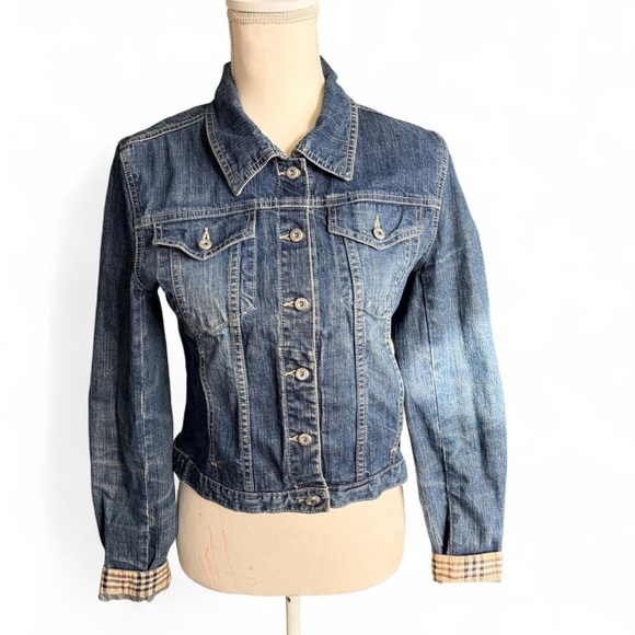 Burberry Jackets & Blazers - Burberry Dark Blue Denim Jacket with Tan Leather Label